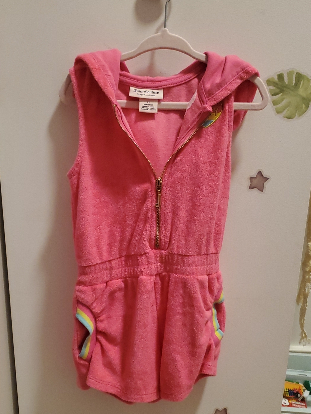 Juicy Couture Hot Pink Hooded Terry Romper with Rainbow Trim